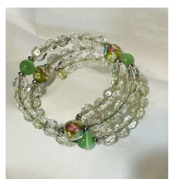 Multi-wrap Memory Wire Green, Light Green, & Floral Glass Bead Bracelet - Picture 3 of 3